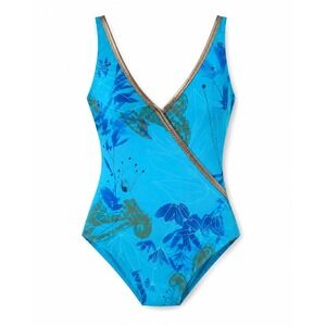 Gottex One Piece Swimsuit Women 14 Blue Floral Paisley Metallic Trim Surplice